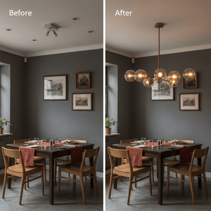 A dining area transformation showcasing a gold and amber glass pendant light above a table, enhancing the warm ambiance.