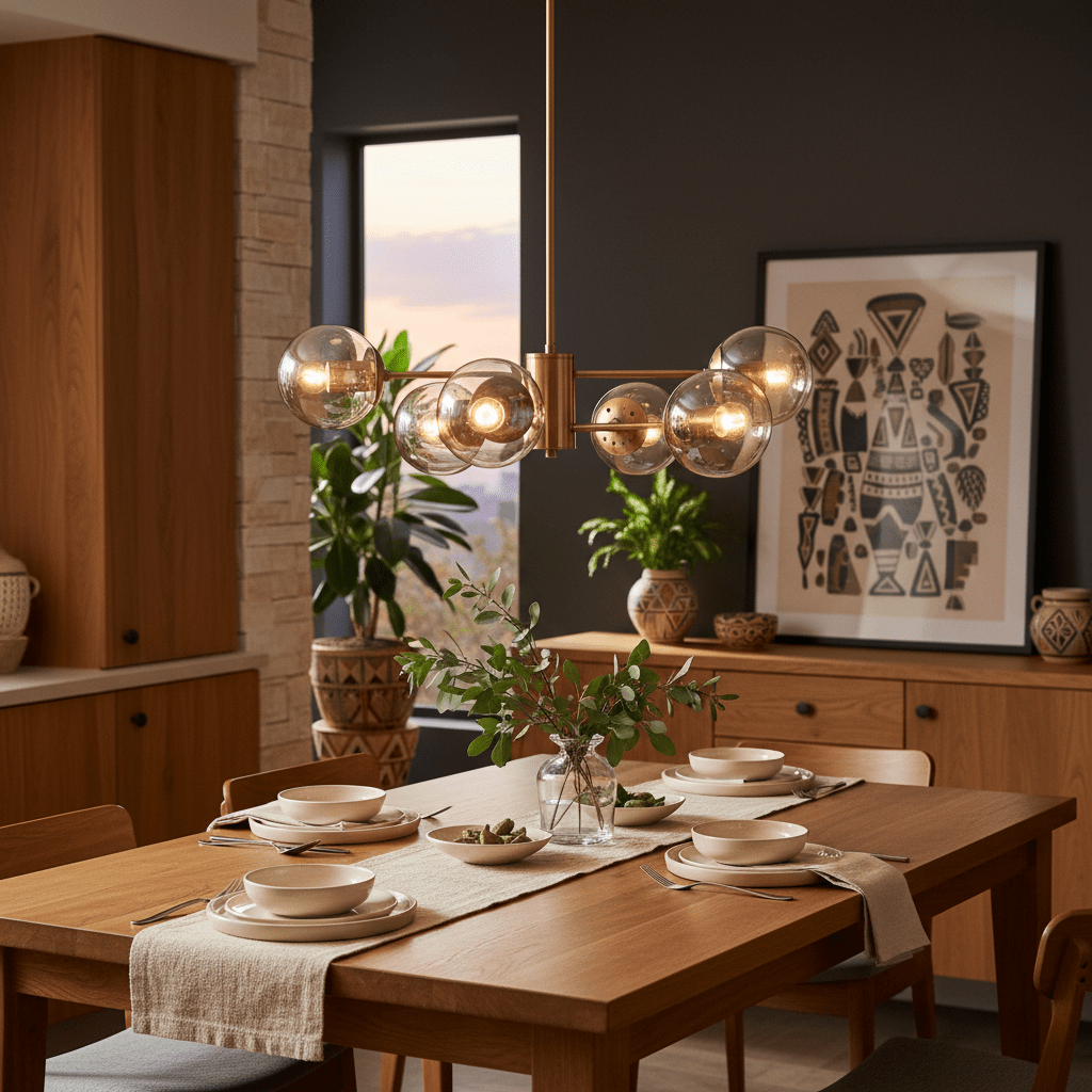 Stylish dining setup featuring a gold and amber glass pendant light above a wooden table with plates and greenery.