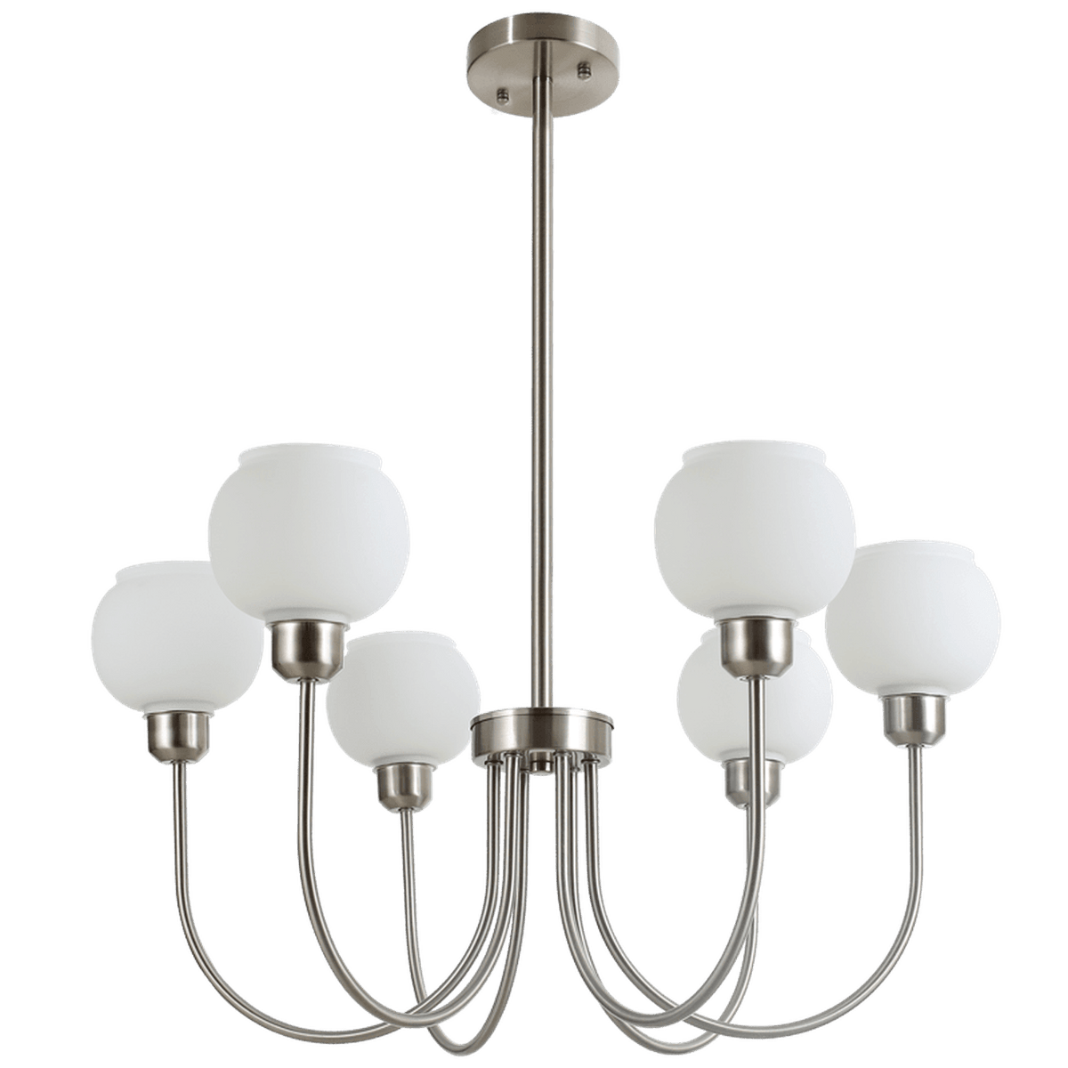 Satin Chrome 6-Light Chandelier with White Glass — transparent background