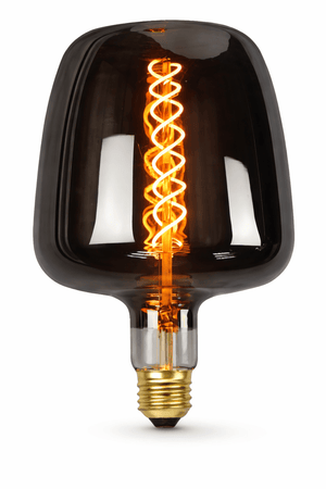 Vintage-style light bulb with a coiled filament on a white background