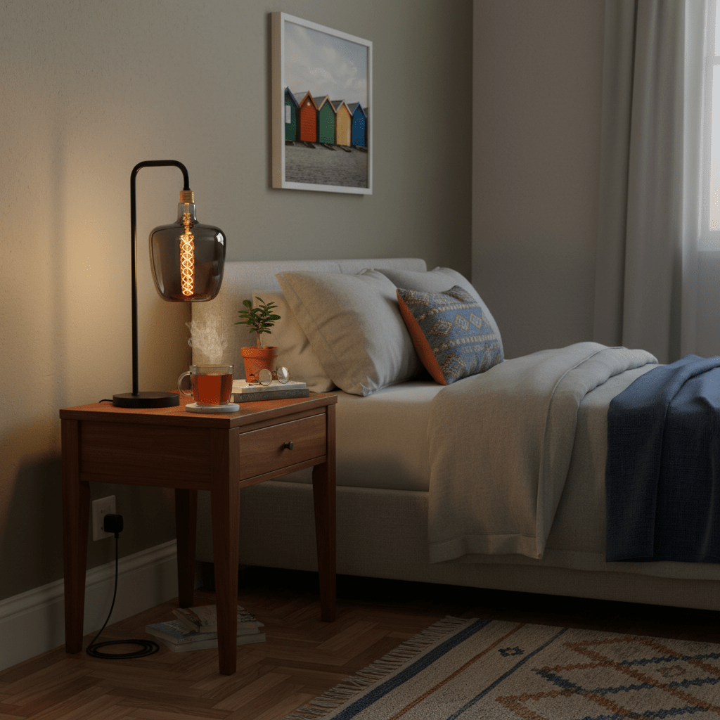 Cozy bedroom with a bed, nightstand, and lamp.