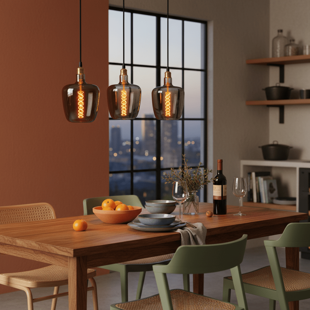 Dining room with wooden table, chairs, and pendant lights.