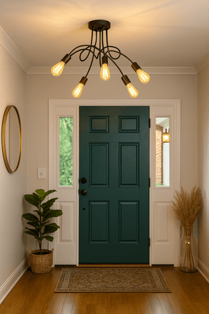 Foyer with a dark green door, chandelier, and decorative elements.