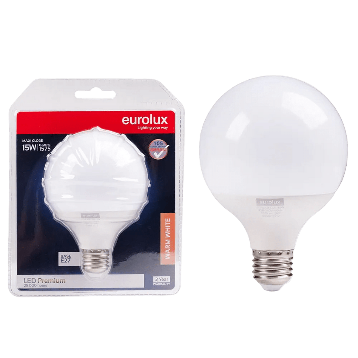 15W Dimmable White Globe LED Bulb – E27, 3000K Warm White — transparent background