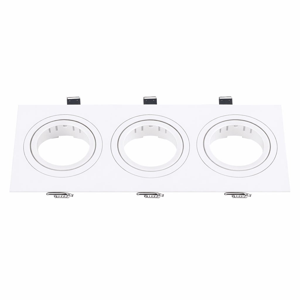 White downlight holder for 3 GU10 or MR16 lamps, featuring three circular cut-outs and mounting clips.