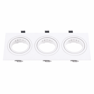 White downlight holder for 3 GU10 or MR16 lamps, featuring three circular cut-outs and mounting clips.