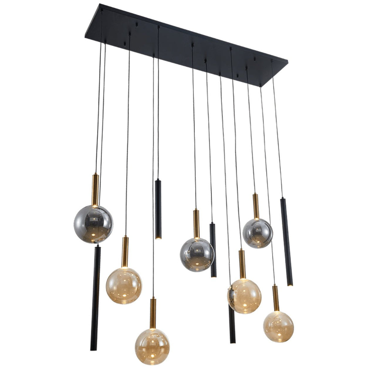 Black & Gold with Amber & Smoke Glass Pendant Light — white background