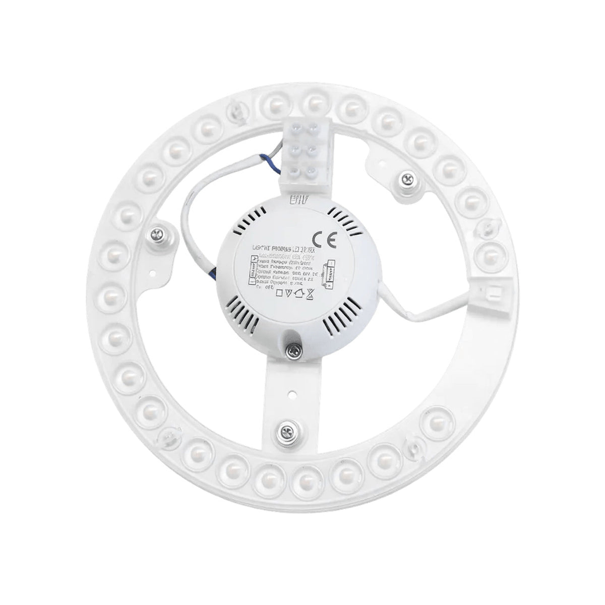 White circular LED ceiling conversion board with central hub, wires and mounting screws, shown against plain background.
