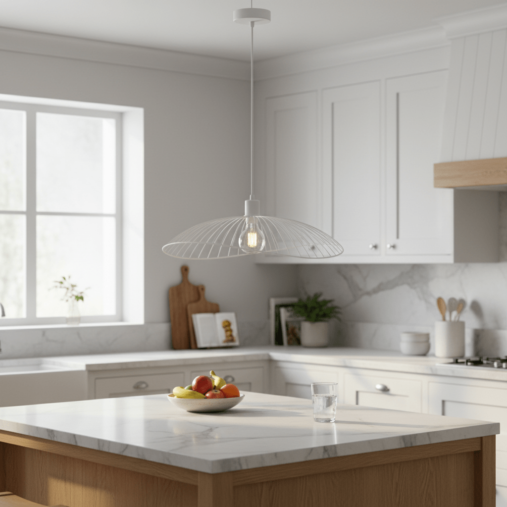 Stylish white pendant light hanging above a kitchen island with a fruit bowl and glass of water.