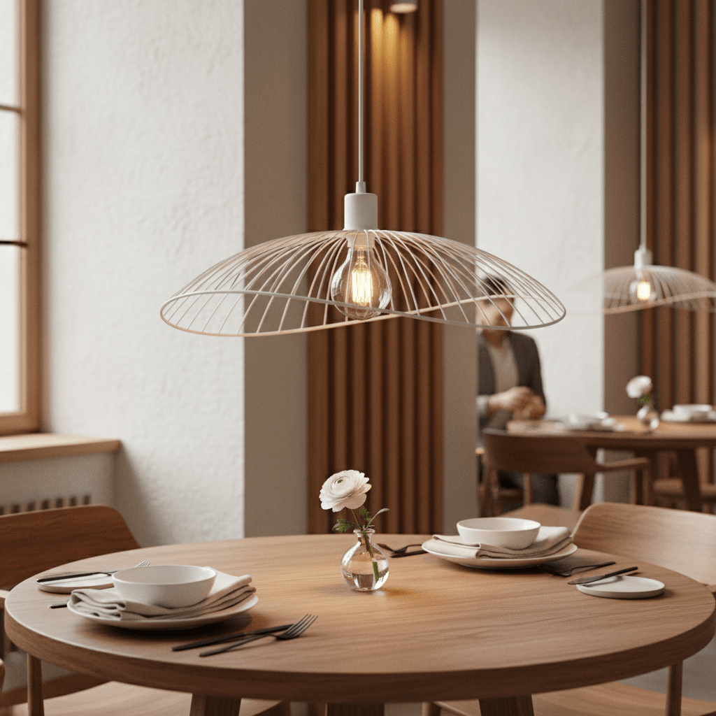 Stylish dining setup featuring the Sensu Solo White Pendant Light above a wooden table with plates and a flower vase.