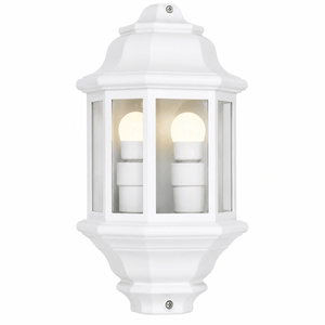 White outdoor wall light fixture on a white background