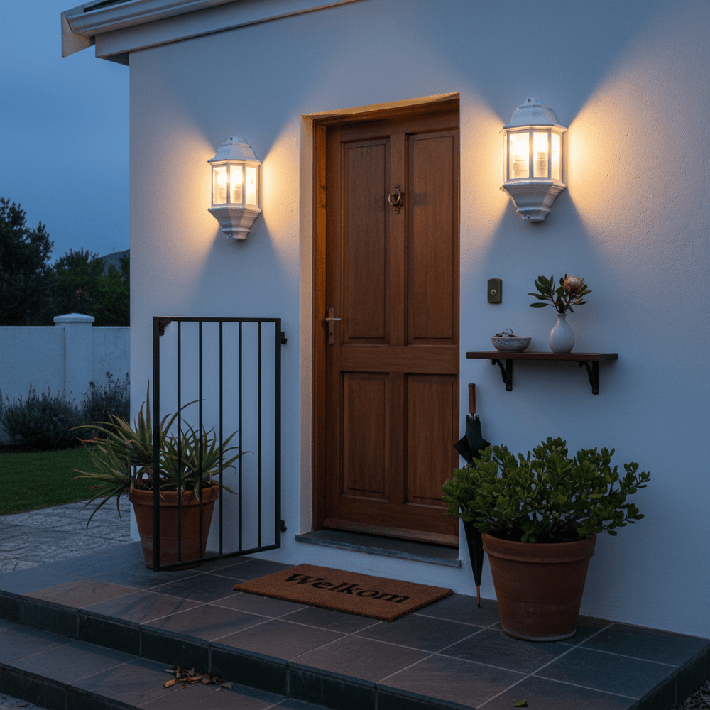 White 5-panel outdoor wall lights illuminating a front entrance with wooden door and potted plants.