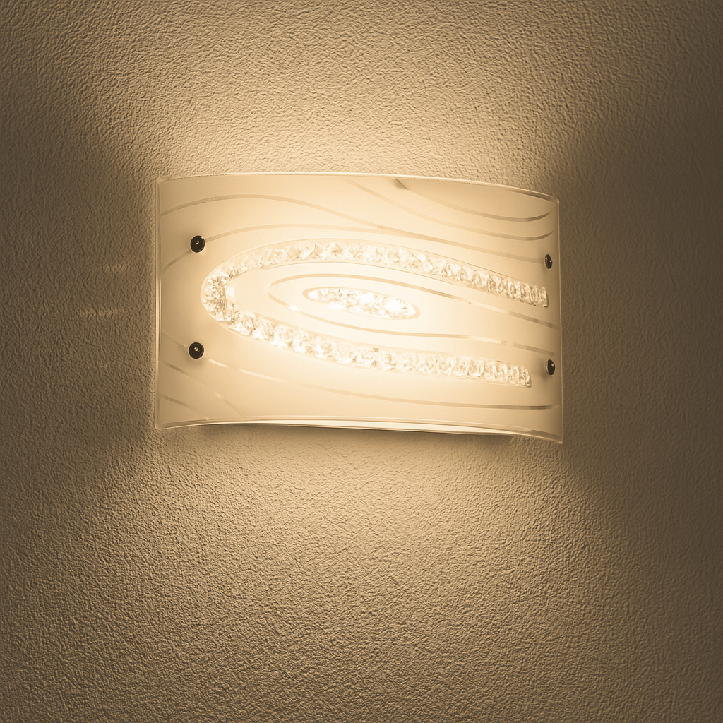 Elegant white patterned LED wall light with crystal accents, mounted on a textured wall.