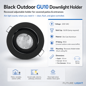 Close-up of a black recessed GU10 downlight holder showcasing its adjustable design and specifications.