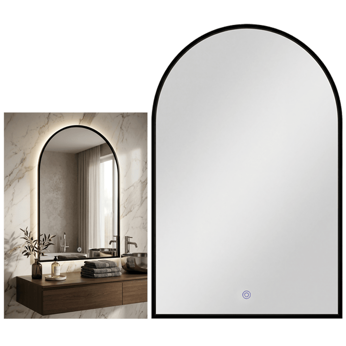 LED Mirror with Black Frame - Touch Switch, 3CCT Dimmable (IP44) — transparent background
