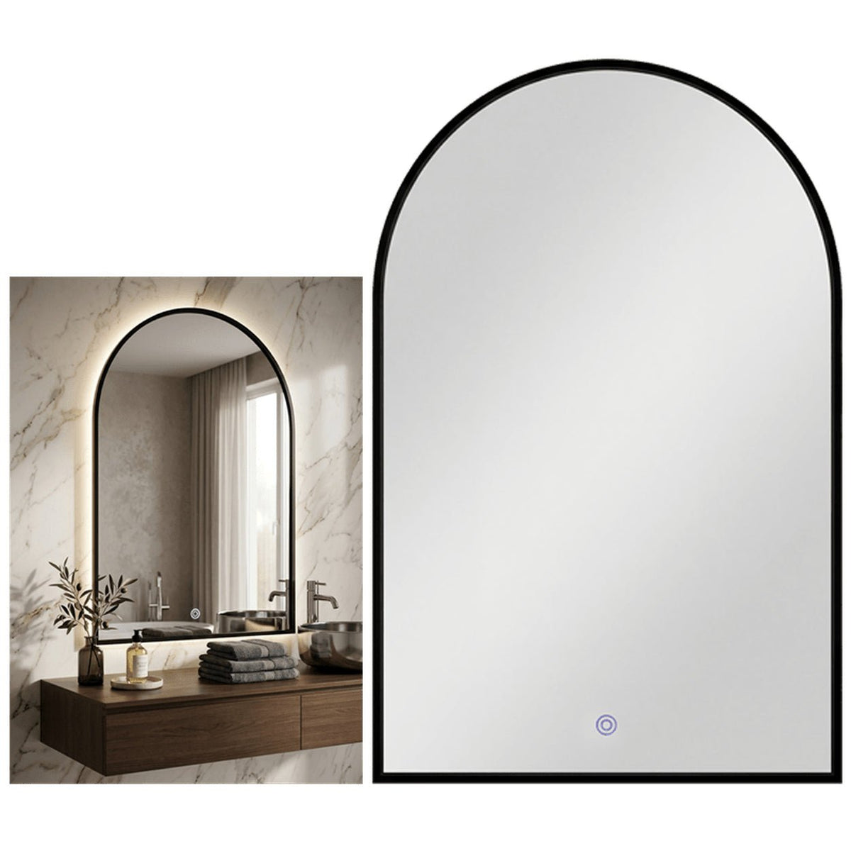 LED Mirror with Black Frame - Touch Switch, 3CCT Dimmable (IP44) — white background