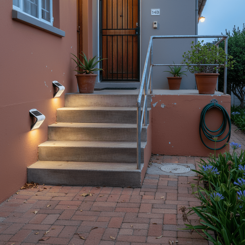 Solar wall lights illuminating outdoor stairs, enhancing visibility and safety at night.