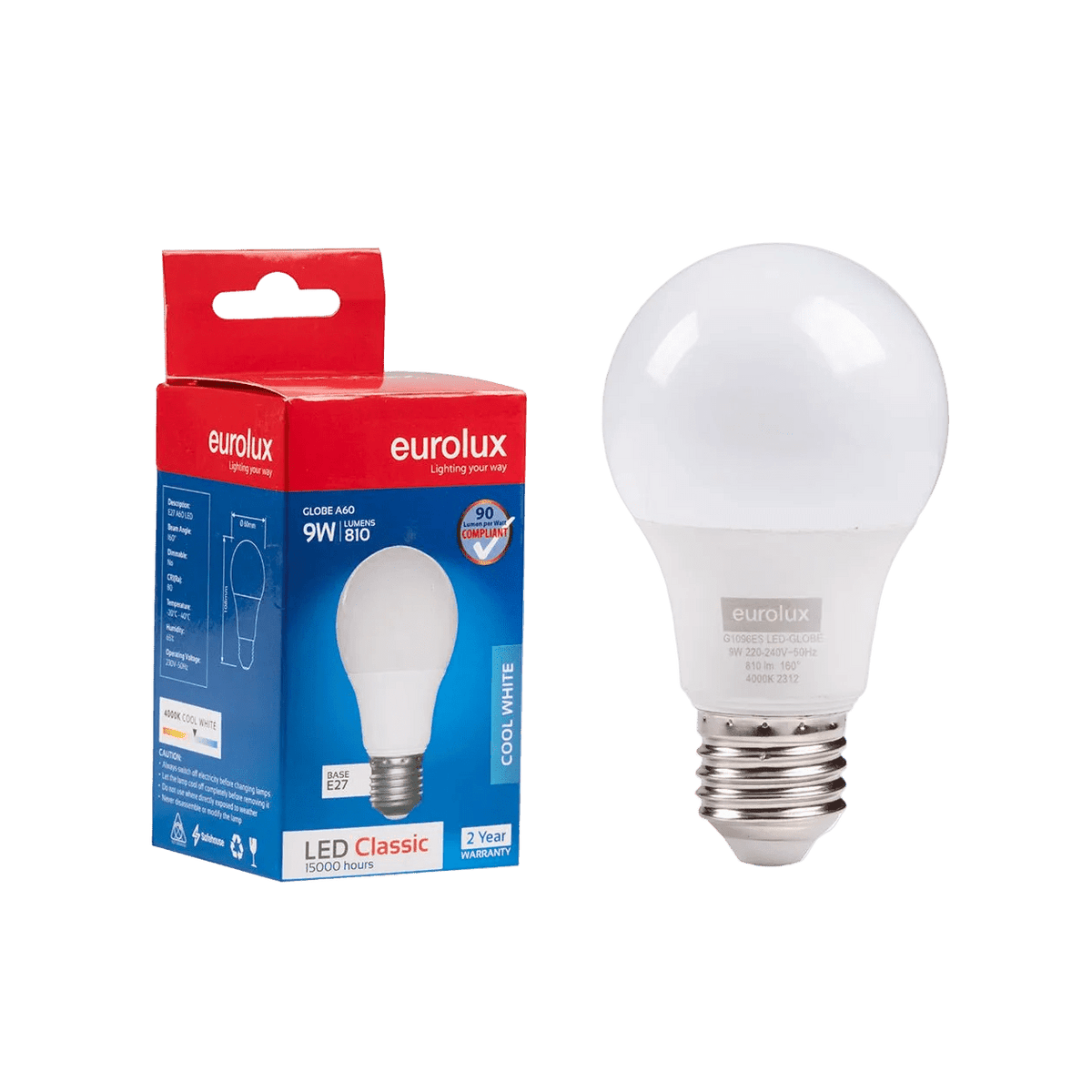 9W Cool White LED E27 Bulb — transparent background