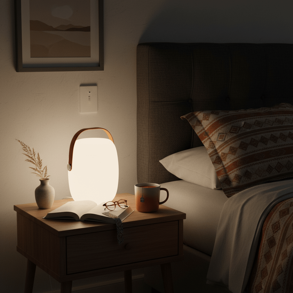 A bedside table featuring a glowing night light, an open book, glasses, and a mug, creating a cozy atmosphere.