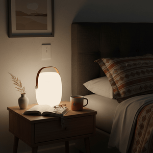A bedside table featuring a glowing night light, an open book, glasses, and a mug, creating a cozy atmosphere.