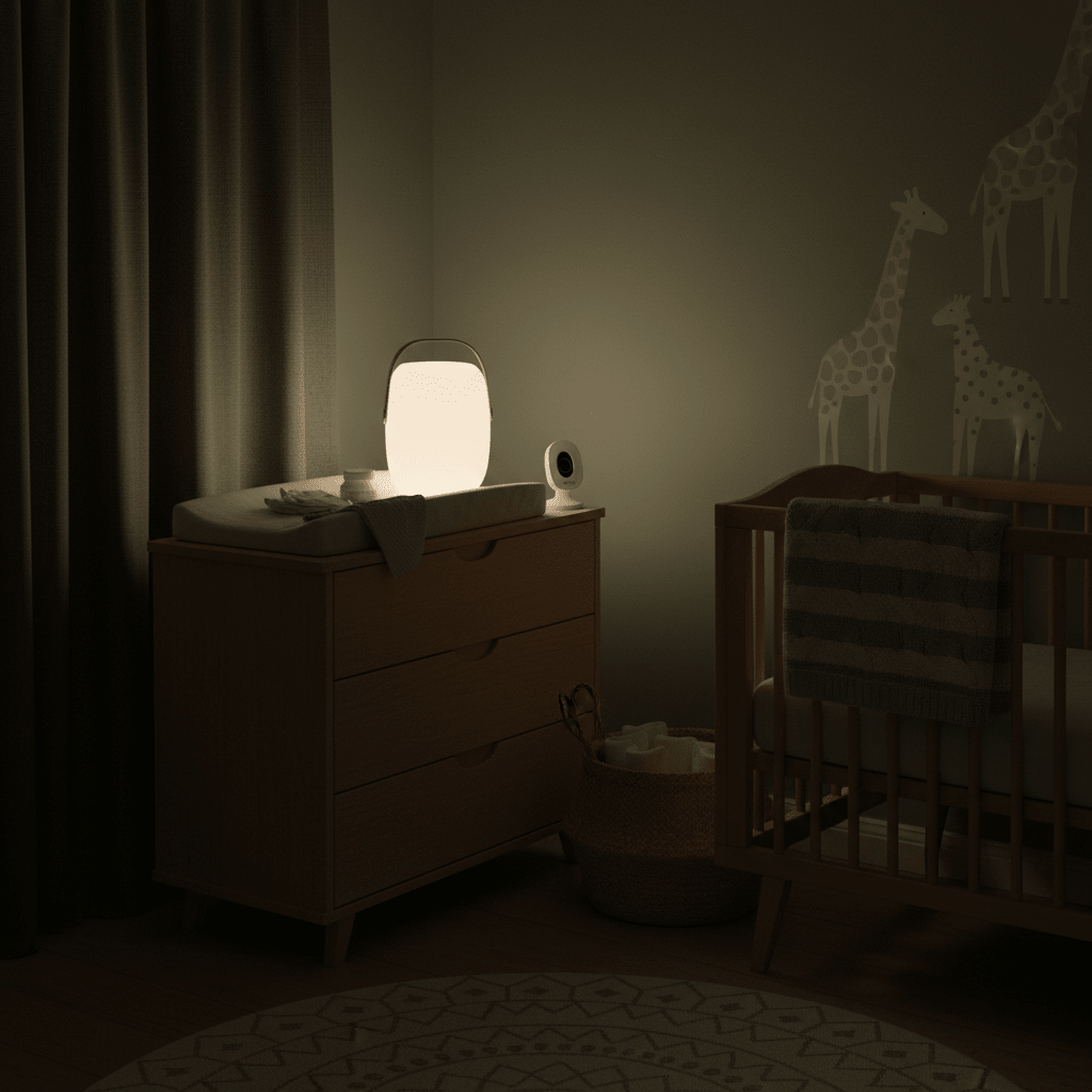 A softly glowing Bon Bon bedside night light on a dresser beside a crib, creating a calming atmosphere.