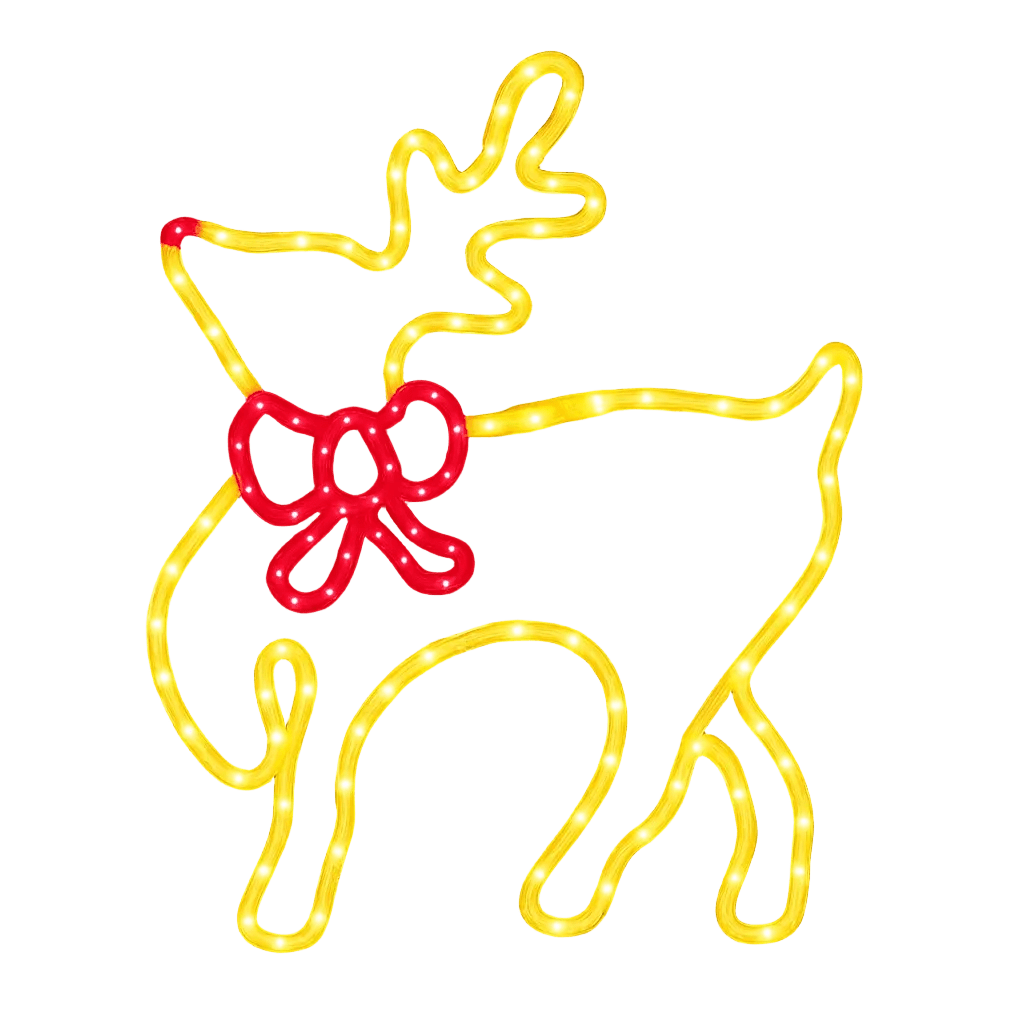 A glowing outline of a reindeer in yellow lights, featuring a red bowtie, set against a black background.