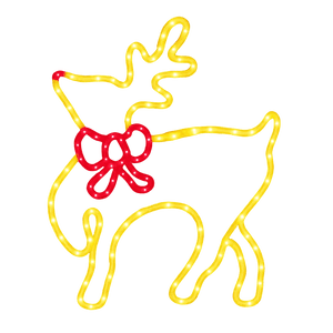 A glowing outline of a reindeer in yellow lights, featuring a red bowtie, set against a black background.