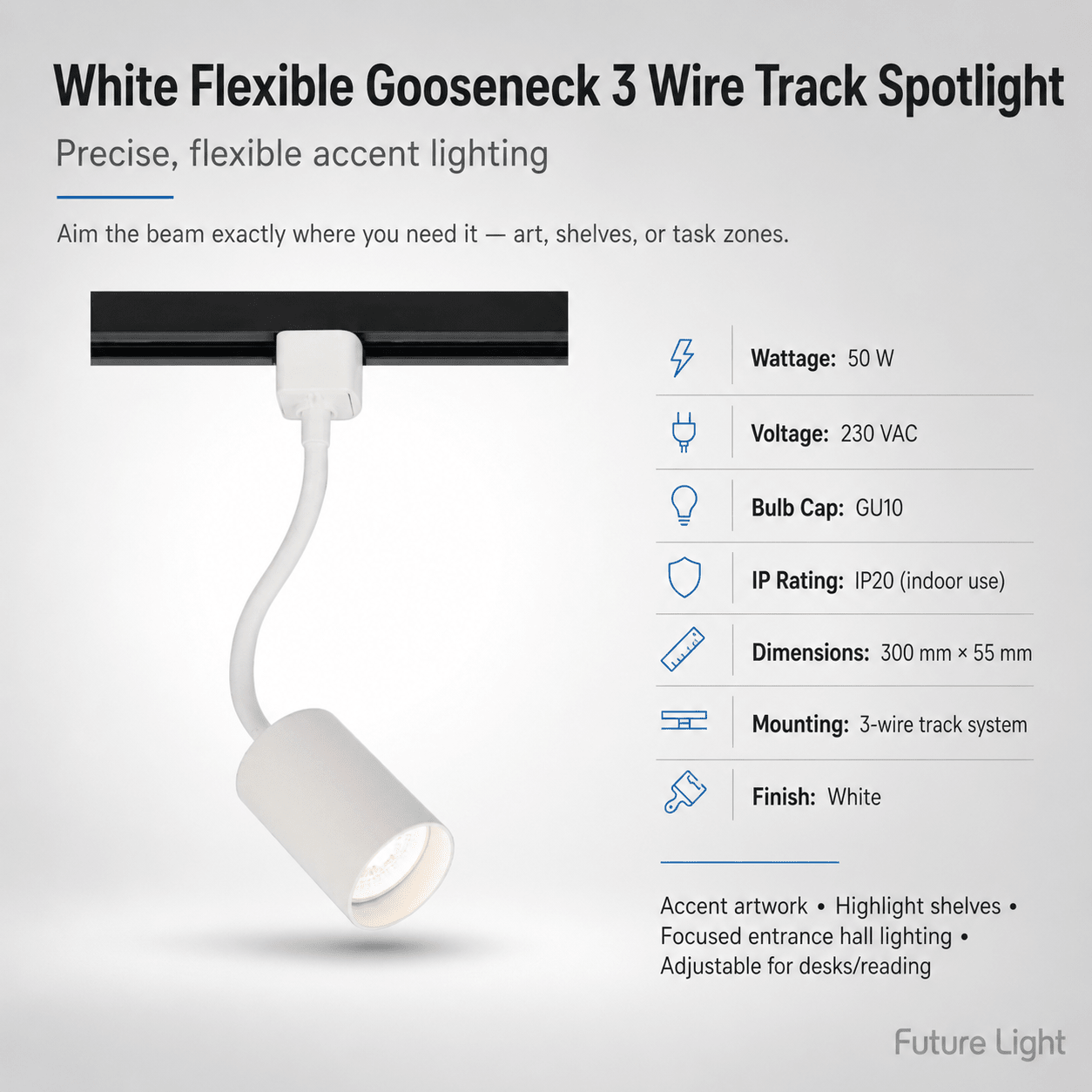 White Flexible Gooseneck 3 Wire Track Spotlight