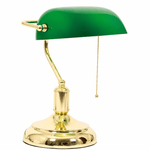 Green bankers table lamp with a brass base and pull chain switch, designed for focused task lighting.