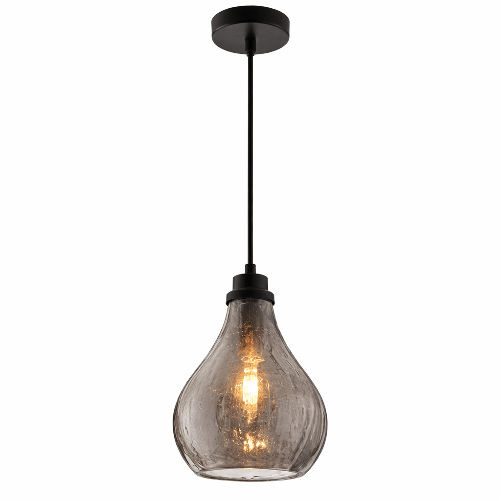 Smoked glass pendant light with black fixture on a white background
