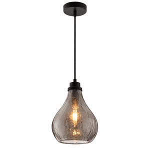 Smoked glass pendant light with black fixture on a white background