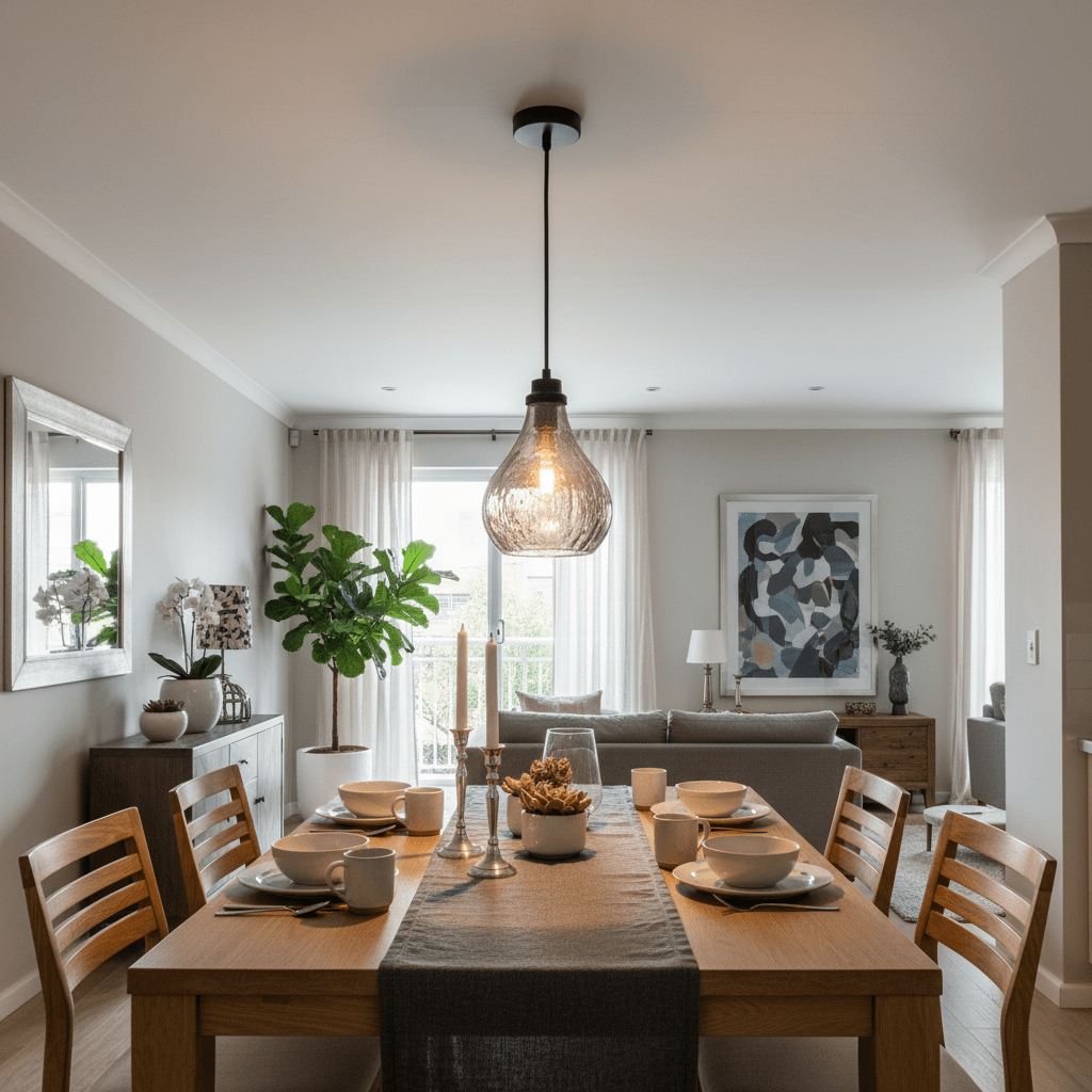 Stylish pendant light hanging over a dining table set with dishes and a centerpiece, enhancing the modern decor.