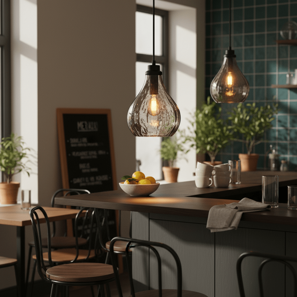 Stylish pendant light hanging over a kitchen island with a bowl of lemons, showcasing a modern interior.