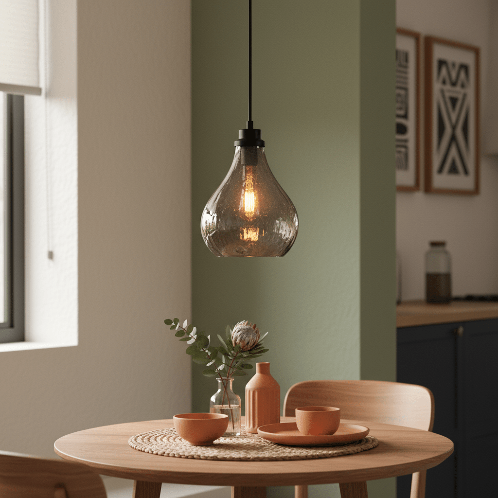 Stylish pendant light hanging above a wooden dining table with decorative items.