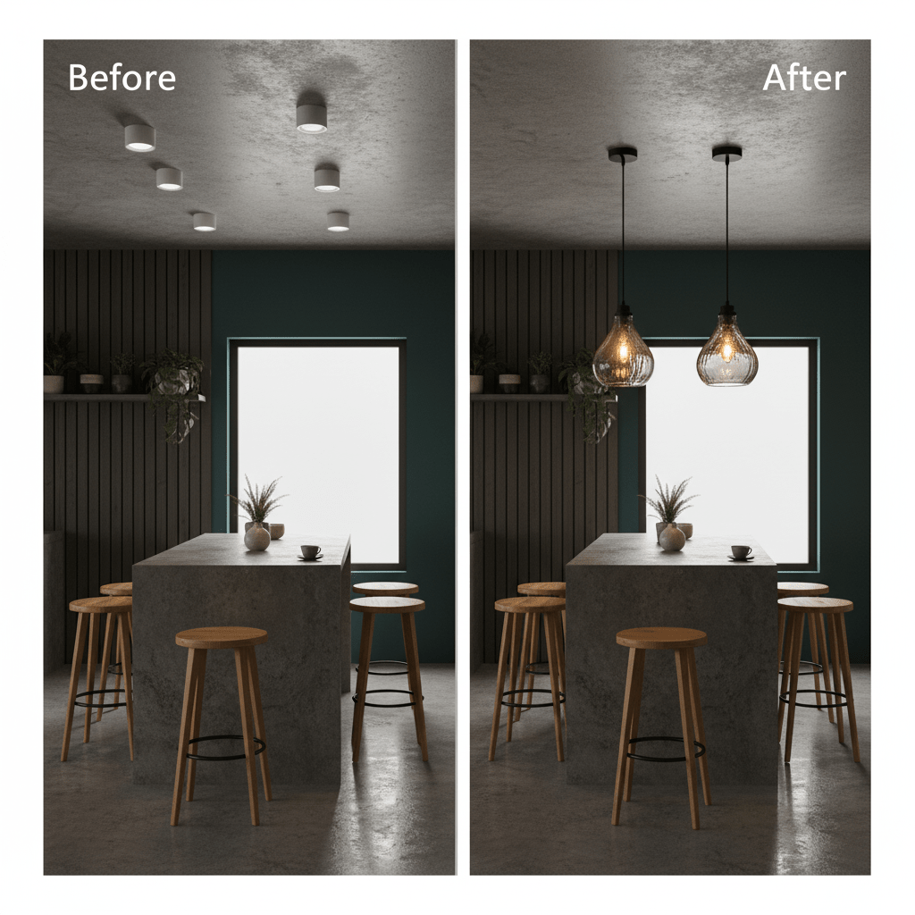 Before and after comparison of a kitchen island with pendant lights, showcasing a modern upgrade.
