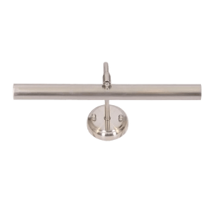 Satin nickel wall-mounted picture light with horizontal bar and swivel head against a green background