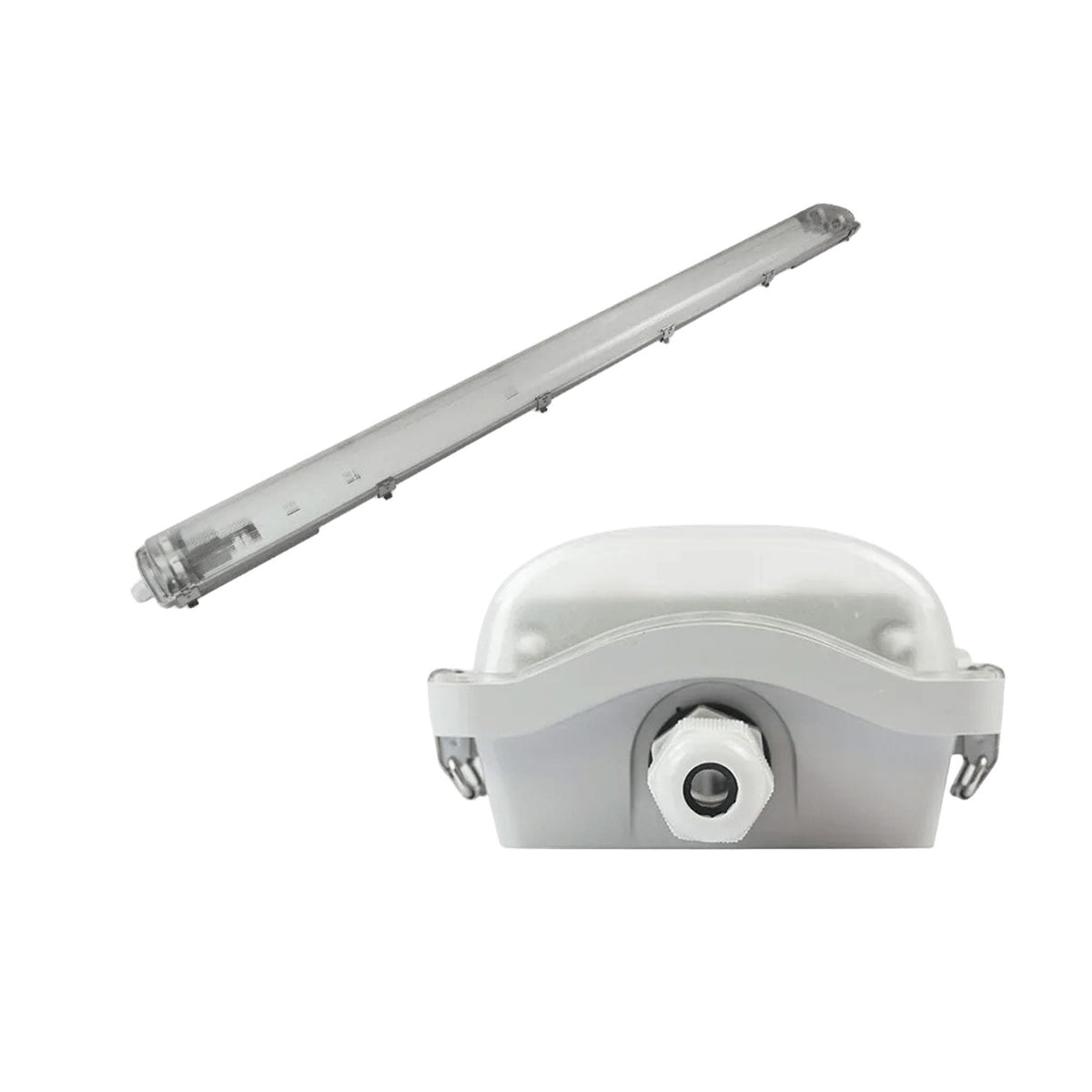 Zen Tri-Proof 5ft Double T8 IP65 Fixture on white background, 1254 x 1254