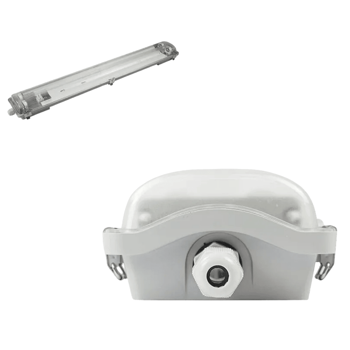 Zen Tri-Proof 2ft PC Double T8 IP65 Fixture on transparent background, 1254 x 1254