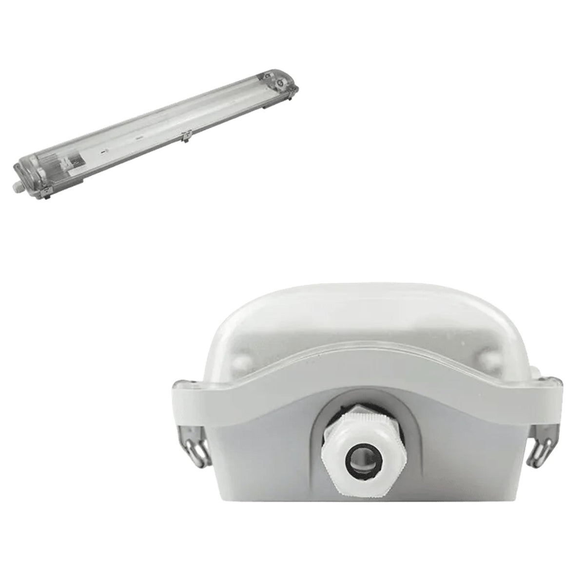 Zen Tri-Proof 2ft PC Double T8 IP65 Fixture on white background, 1254 x 1254