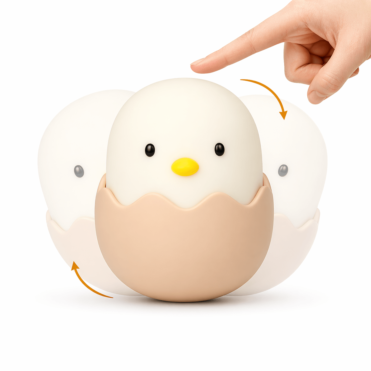 Three egg-shaped kids night lights on white, with a finger pressing the centre and orange motion arrows.