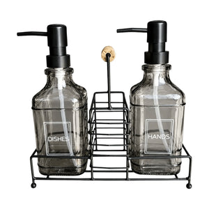 Glass soap dispenser set - white background, 1254 x 1254