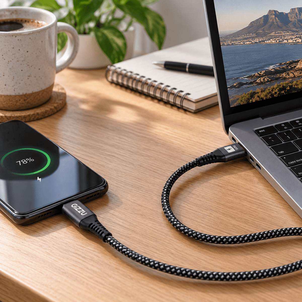 GIZZU 66W 480Mbps USB to Type-C 2m Cable — PROMPT 1 — Everyday desk charging