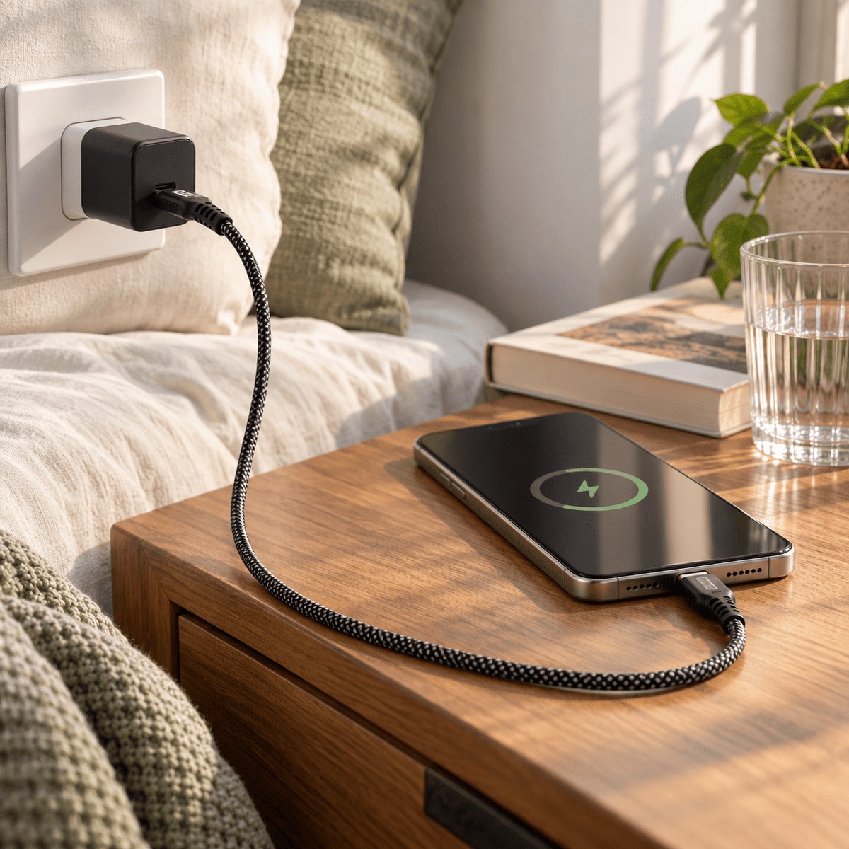 GIZZU 66W 480Mbps USB to Type-C 2m Cable — PROMPT 2 — Bedside phone charging