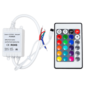 White LED controller with attached wires and a handheld remote displaying coloured buttons