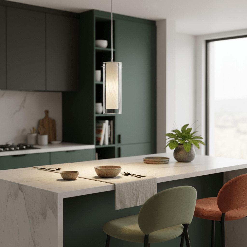 Double glass pendant light hanging over a modern kitchen island with bowls and cutlery on the countertop.