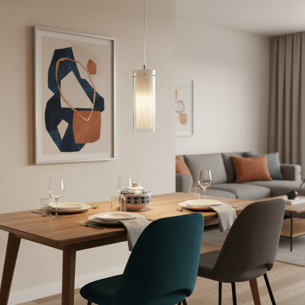 Double glass pendant light hanging above a wooden dining table set with plates and glasses, in a modern living space.