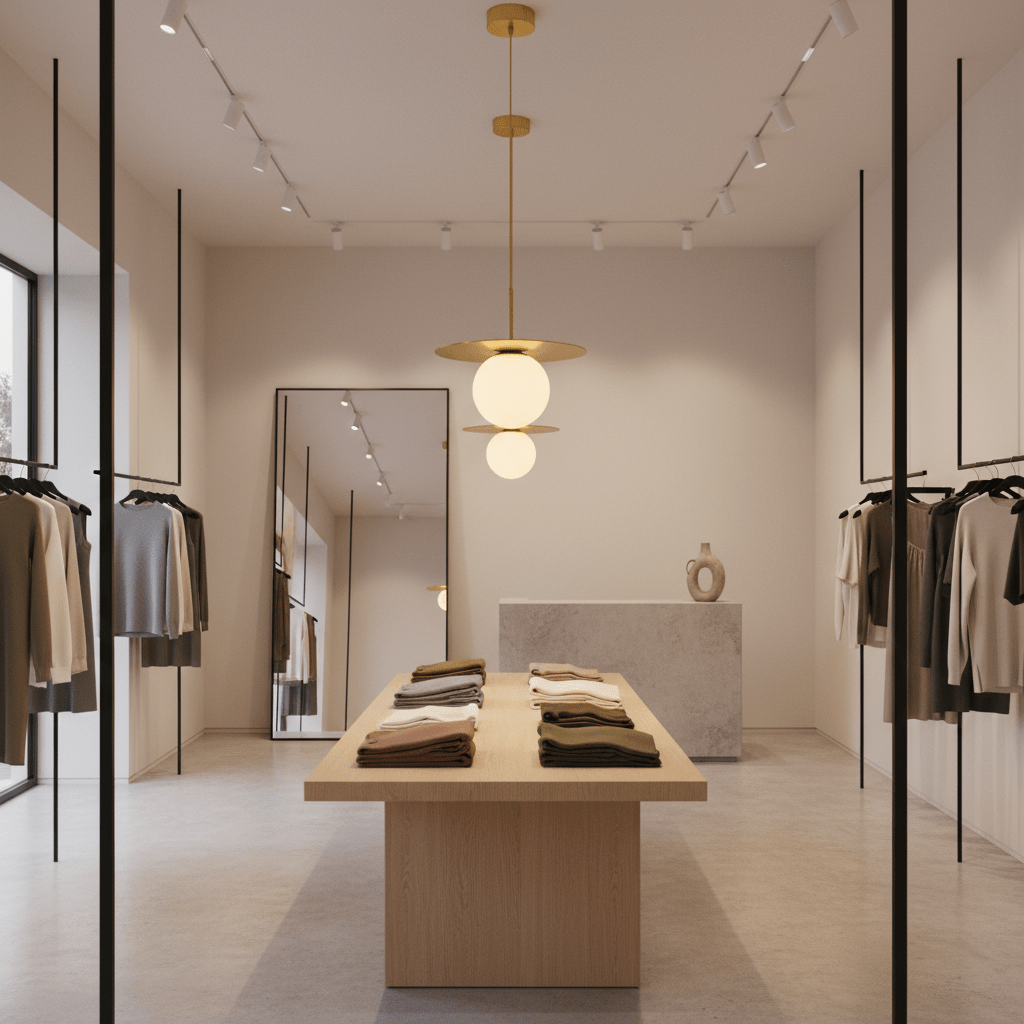 Catalina Single Gold Pendant Light hanging above a wooden display table in a modern retail space.