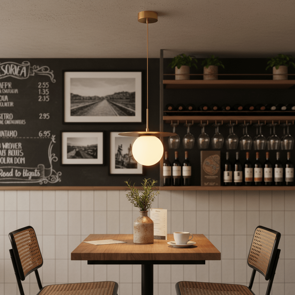 Gold pendant light hanging above a wooden table with a vase and coffee cup in a cozy café setting.