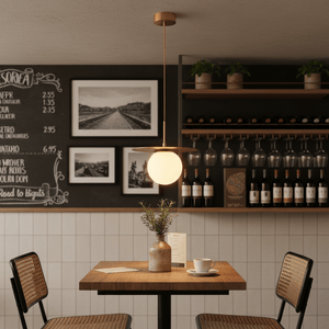 Gold pendant light hanging above a wooden table with a vase and coffee cup in a cozy café setting.