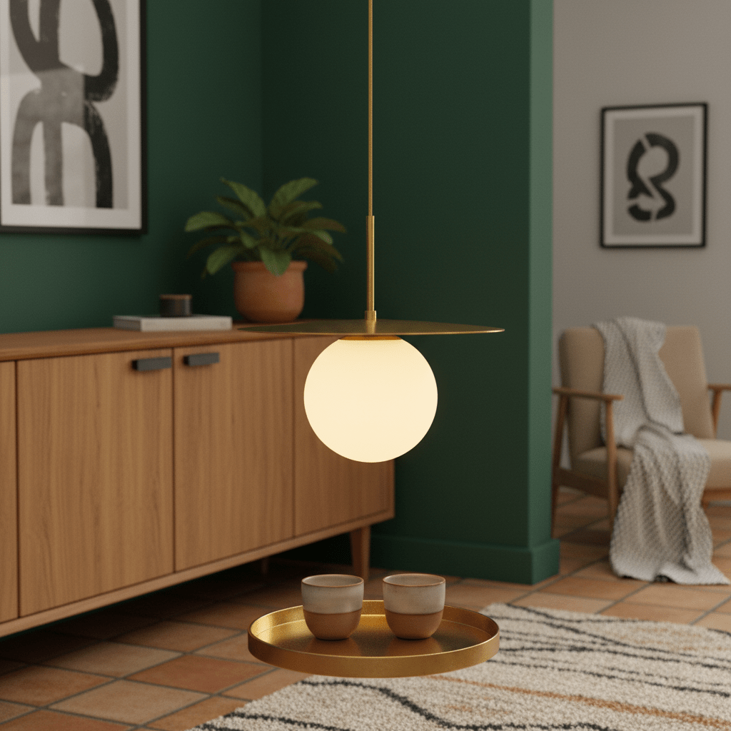 Catalina Single Gold Pendant Light hanging above a tray with cups in a stylish living space.